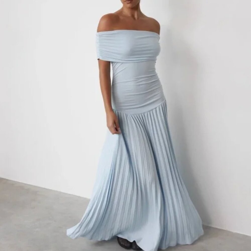 NEW Lioness Field Of Dreams Knit Maxi Dress Small Light Blue Off Shoulder Gown